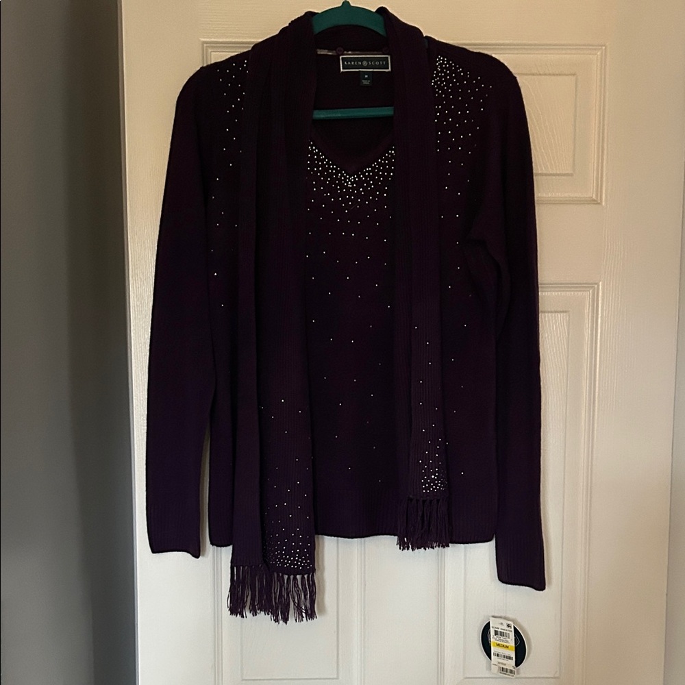 Women’s Deep Purple V-Neck Sweater with Scarf